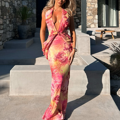 Floral Backless Sheath Maxi Dress