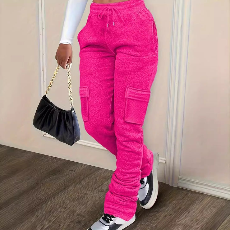 Pure Color Thickened Sweater Fabric Casual Drawstring Pile Pants