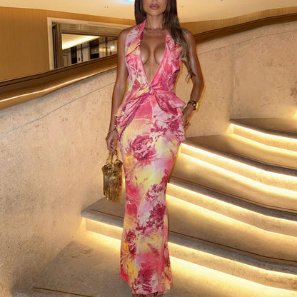 Floral Backless Sheath Maxi Dress